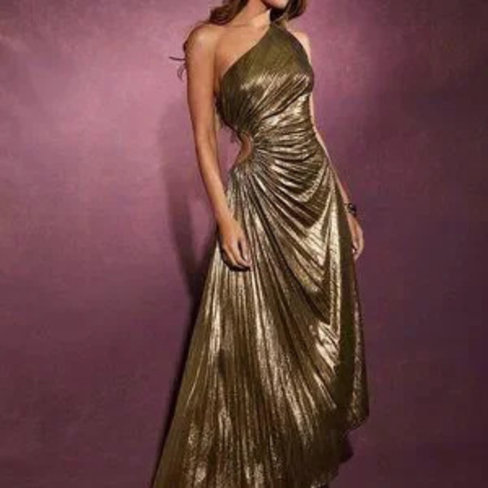 ZARA Gold Party Women's One-Shoulder Waist Hollowed-Out Pleated Dress